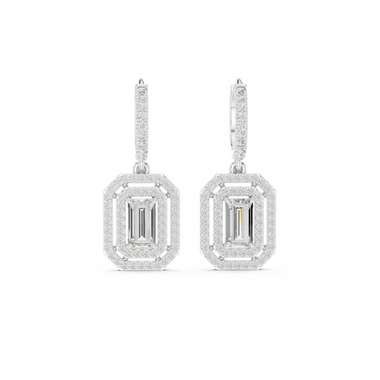 Double Halo Emerald Cut Diamond Dangle Earrings 1.4 CTW