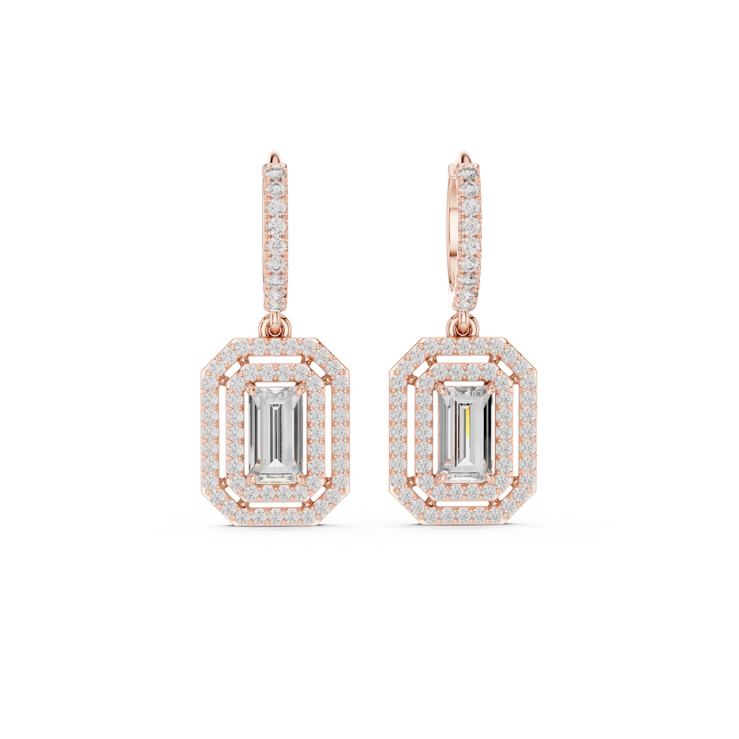 Double Halo Emerald Cut Diamond Dangle Earrings 1.4 CTW