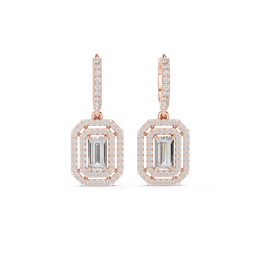 Double Halo Emerald Cut Diamond Dangle Earrings 1.4 CTW