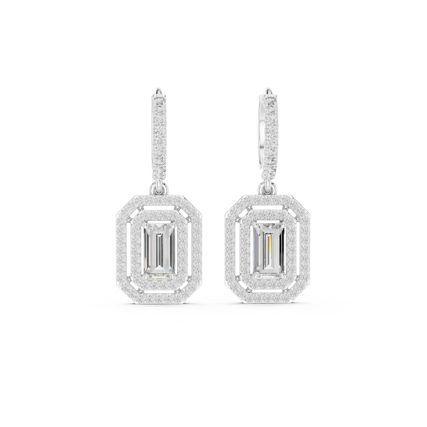 Double Halo Emerald Cut Diamond Dangle Earrings 1.4 CTW