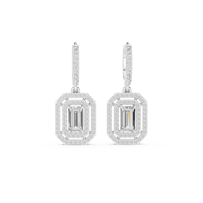 Double Halo Emerald Cut Diamond Dangle Earrings 1.4 CTW
