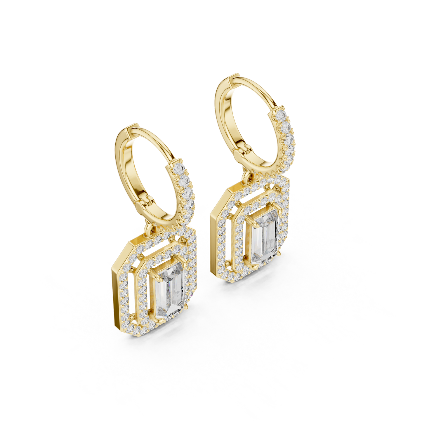 Double Halo Emerald Cut Diamond Dangle Earrings 1.4 CTW