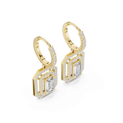 Double Halo Emerald Cut Diamond Dangle Earrings 1.4 CTW