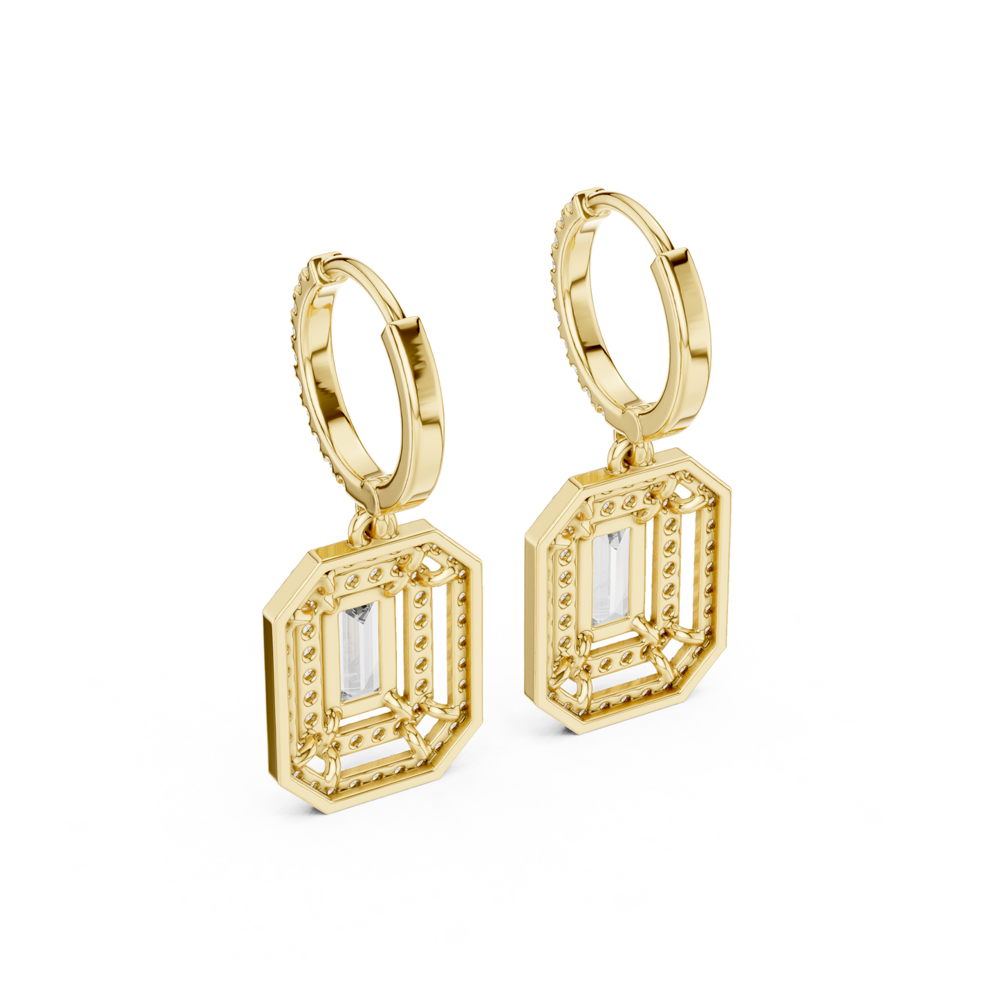 Double Halo Emerald Cut Diamond Dangle Earrings 1.4 CTW