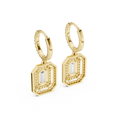 Double Halo Emerald Cut Diamond Dangle Earrings 1.4 CTW