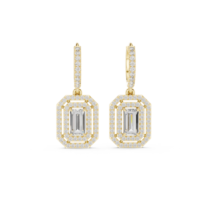 Double Halo Emerald Cut Diamond Dangle Earrings 1.4 CTW