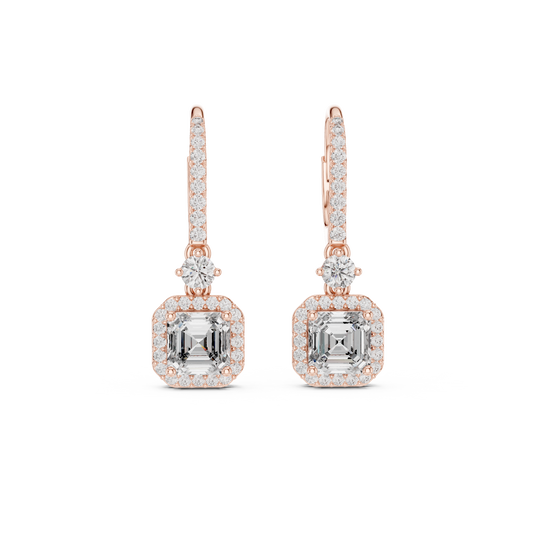 Square Halo Asscher Cut Diamond Dangle Earrings 2.6 CTW