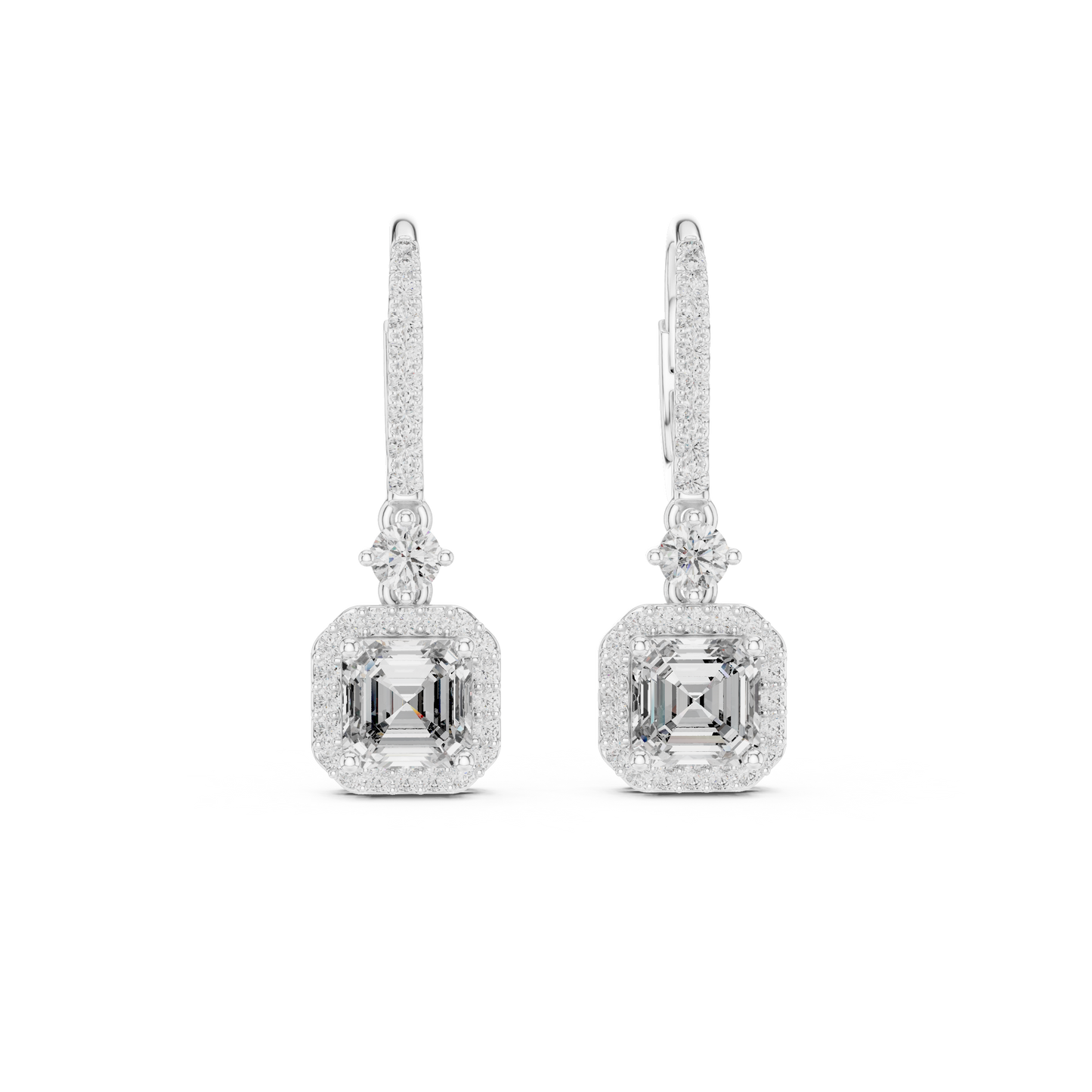 Square Halo Asscher Cut Diamond Dangle Earrings 2.6 CTW