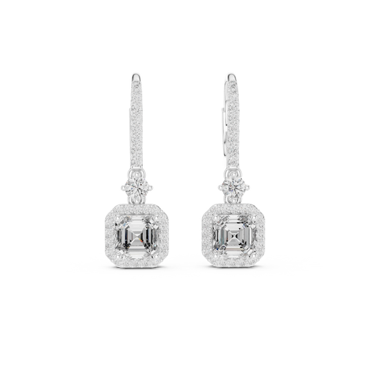 Square Halo Asscher Cut Diamond Dangle Earrings 2.6 CTW