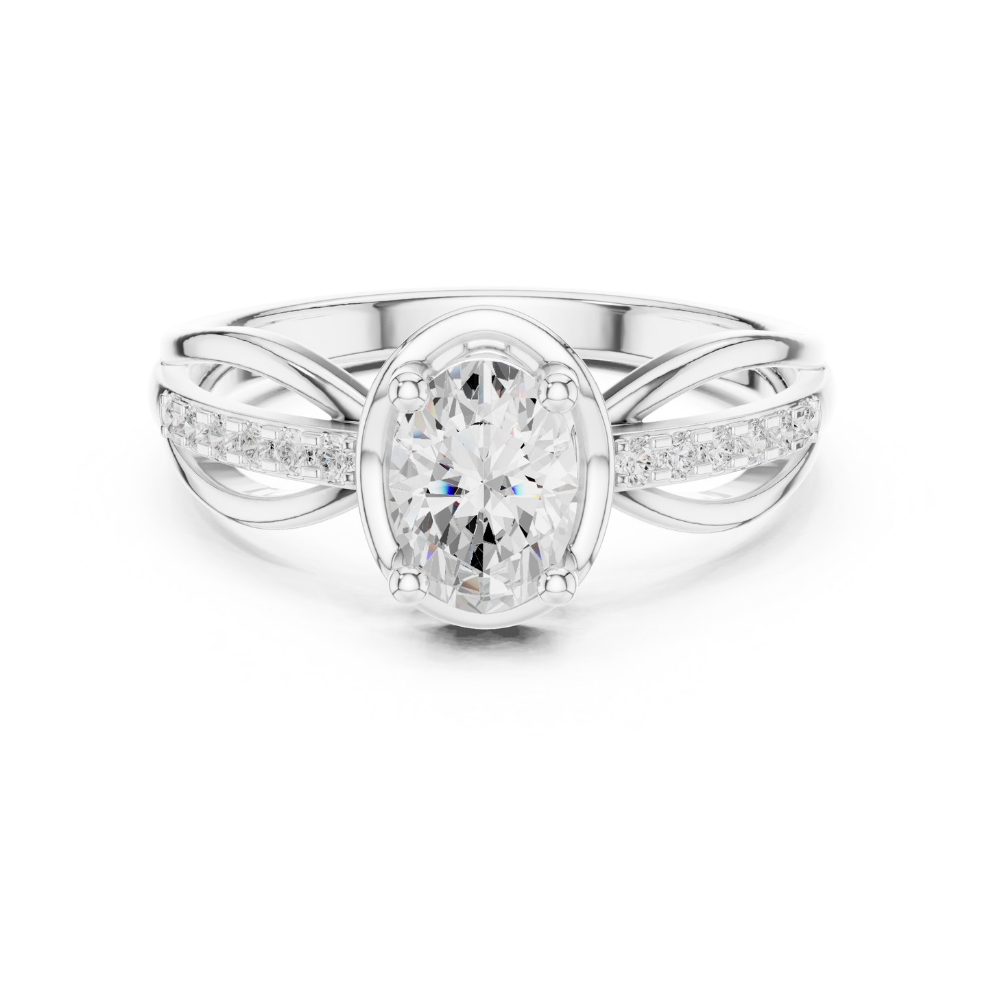Oval Solitaire Diamond Engagement Ring Twisted Pave 0.8 CTW
