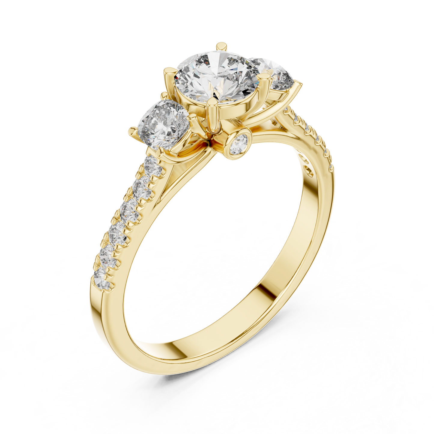 Three Stone Round and Cushion Diamond Half Pave Ring 1 CTW
