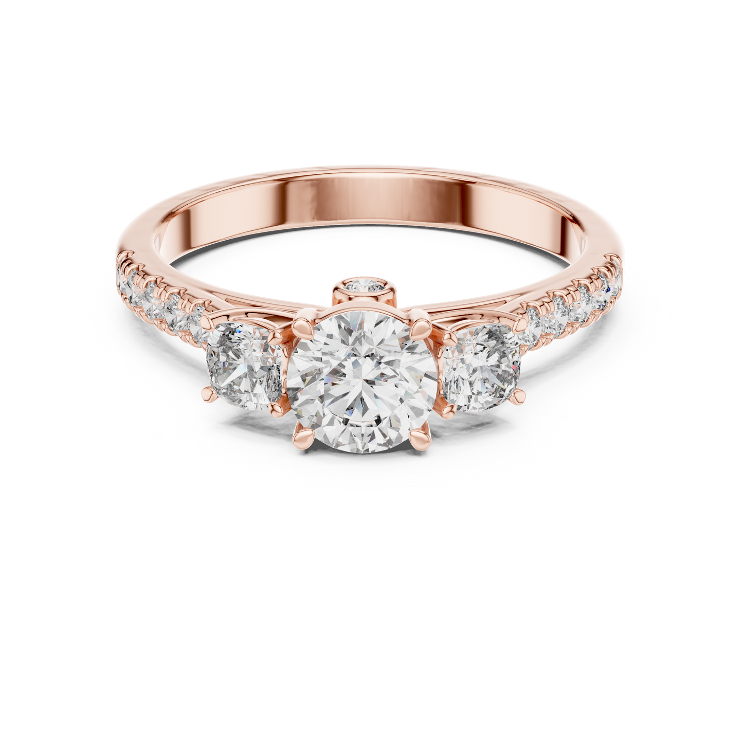 Three Stone Round and Cushion Diamond Half Pave Ring 1 CTW