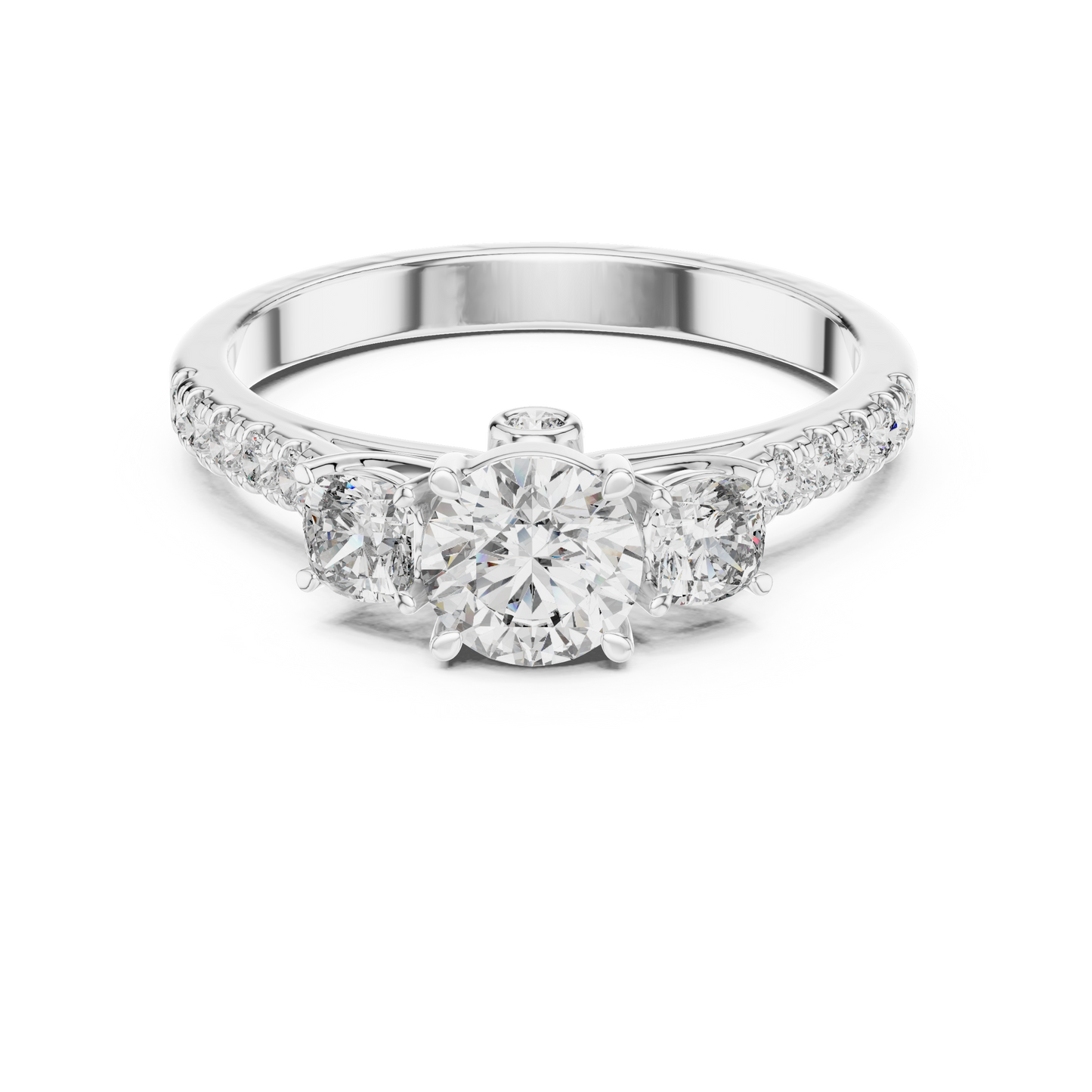 Three Stone Round and Cushion Diamond Half Pave Ring 1 CTW