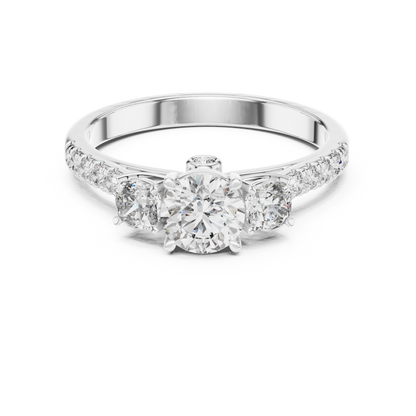 Three Stone Round and Cushion Diamond Half Pave Ring 1 CTW