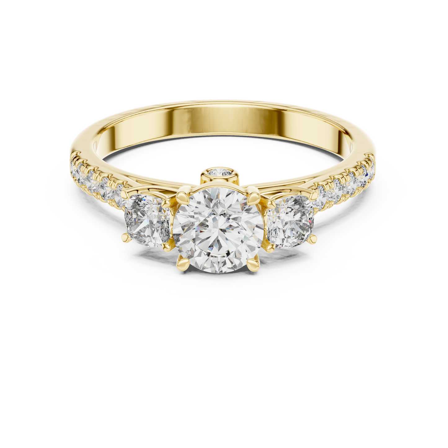 Three Stone Round and Cushion Diamond Half Pave Ring 1 CTW