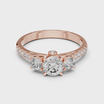Three Stone Round and Cushion Diamond Half Pave Ring 1 CTW