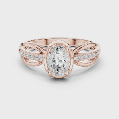 Oval Solitaire Diamond Engagement Ring Twisted Pave 0.8 CTW