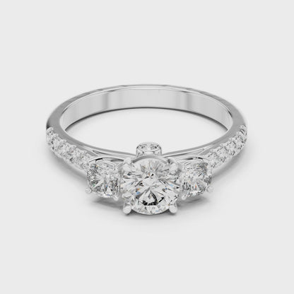 Three Stone Round and Cushion Diamond Half Pave Ring 1 CTW